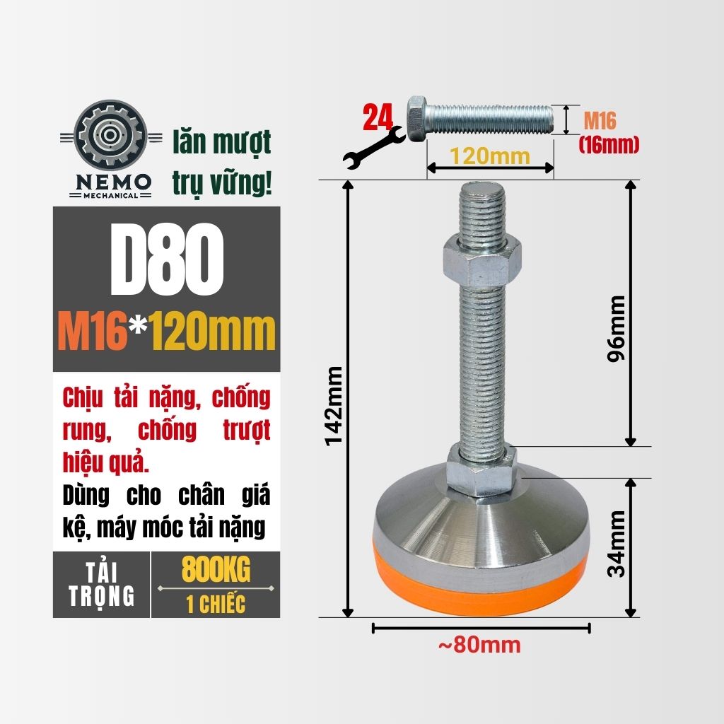 Chân Tăng Chỉnh Chịu Tải Siêu Nặng – Hệ Bulong M16/M20, Chịu Tải 3 Tấn (Bát Thép Mạ Crom)